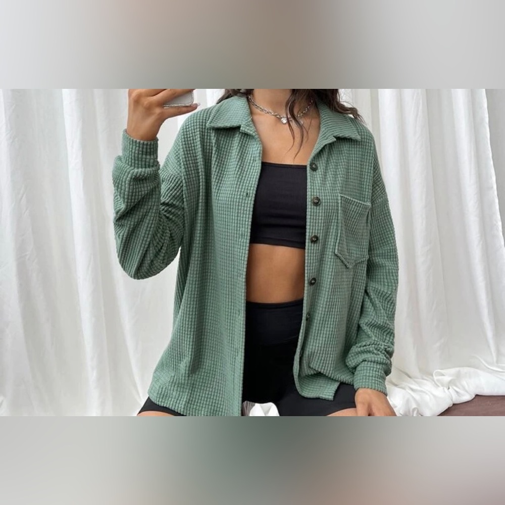 Pocket Patched Drop Shoulder Button Front Blouse - M